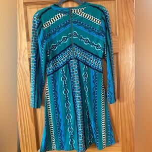 Free People Stella Green Print Mini Dress Mock Neck Long Sleeve Boho Fit Flare M